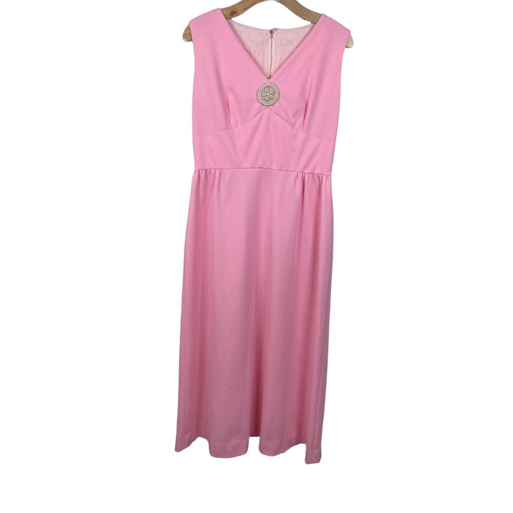 60s Vintage Pink Empire Line Midi  V-neck Pearl Appliqué Dress Sz M/L
